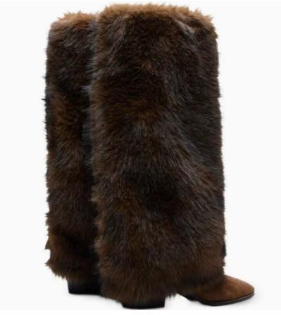 Brown Suede Plush Fur Knee Hig - Street Fashion Winter 评论和价格