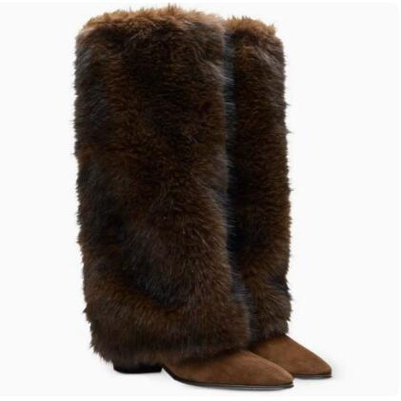 Brown Suede Plush Fur Knee Hig - Street Fashion Winter 评论和价格